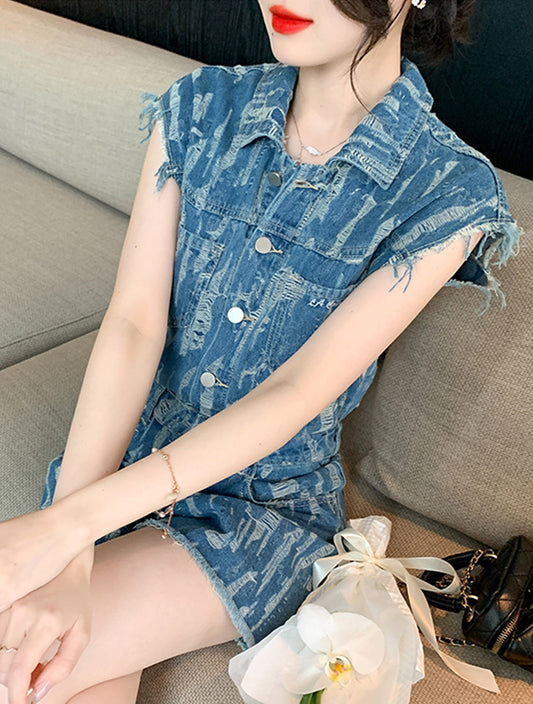 Casual loose gradient frayed sleeveless denim jumpsuit