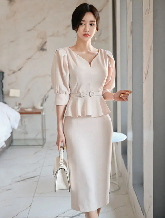 Classic Elegant Simple Solid Color V-Neck Belt Dress