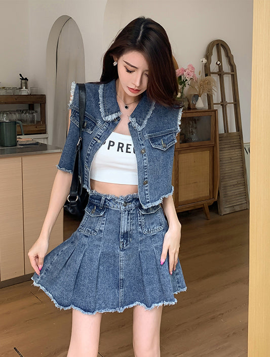 Personalized raw edge design vest + pleated skirt denim suit