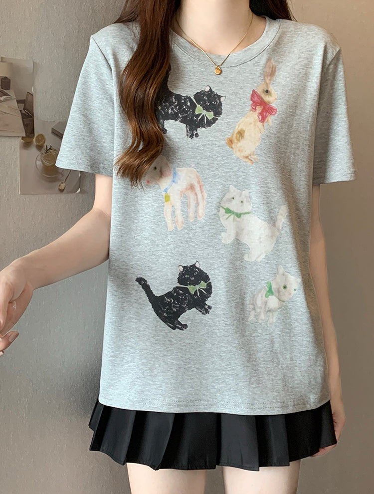 Casual loose cute animal print short-sleeved T-shirt