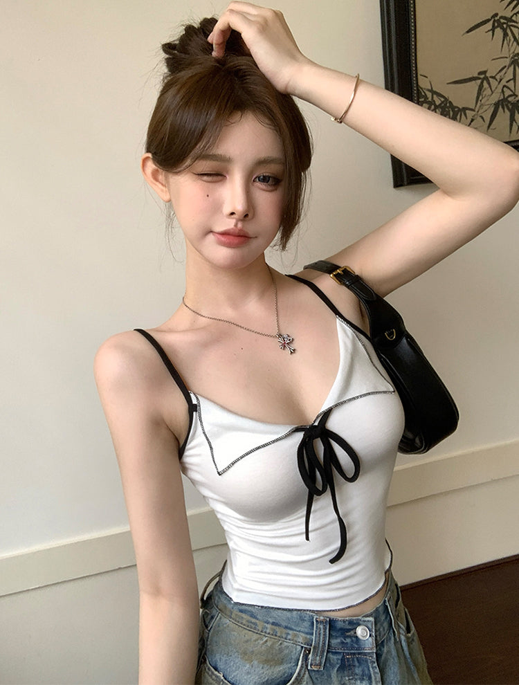 Pure Desire Sexy Lapel Contrast Color Bow Tank Top