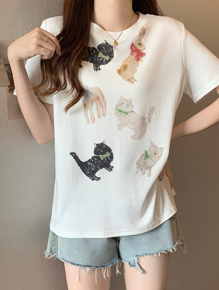 Casual loose cute animal print short-sleeved T-shirt