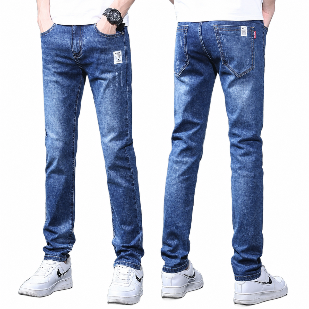 Textured slim fit casual elastic jeans/4 colors
