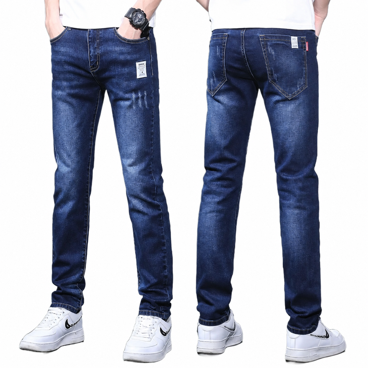 Textured slim fit casual elastic jeans/4 colors