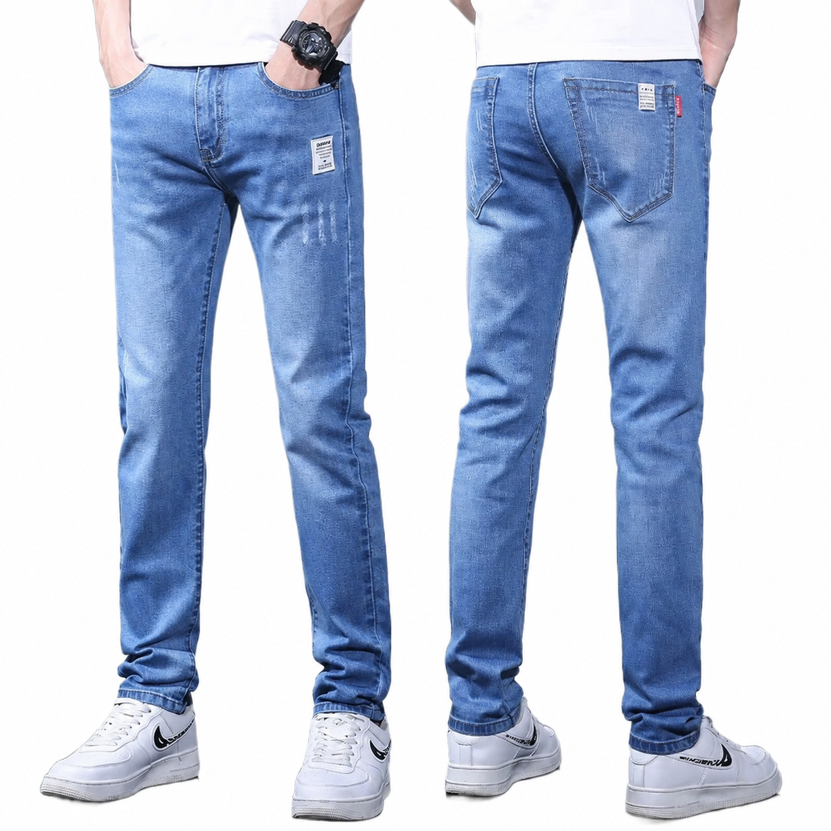 Textured slim fit casual elastic jeans/4 colors