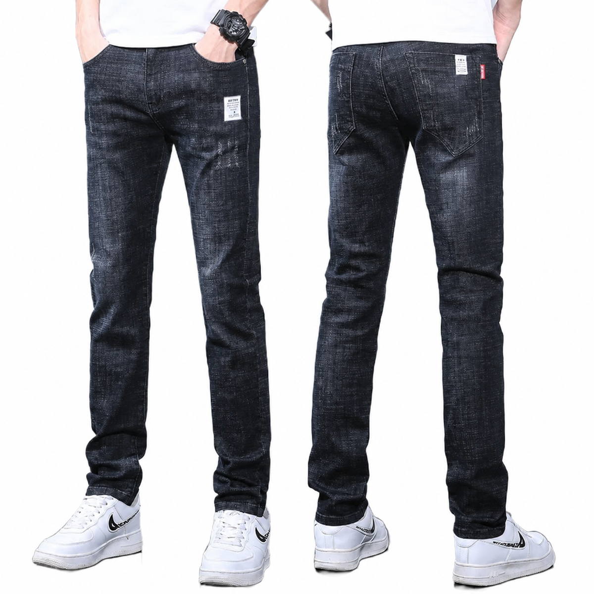 Textured slim fit casual elastic jeans/4 colors