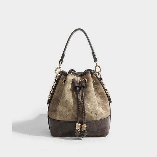 撞色抽繩水桶包斜背肩包