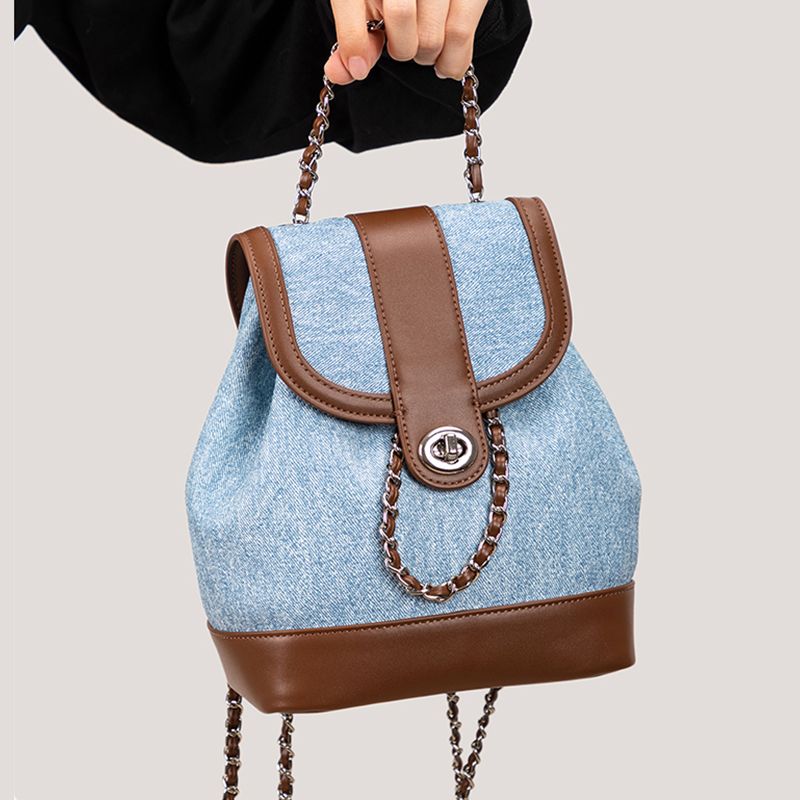 休閒小香風銀扣鏈條雙肩手提水桶包/2色