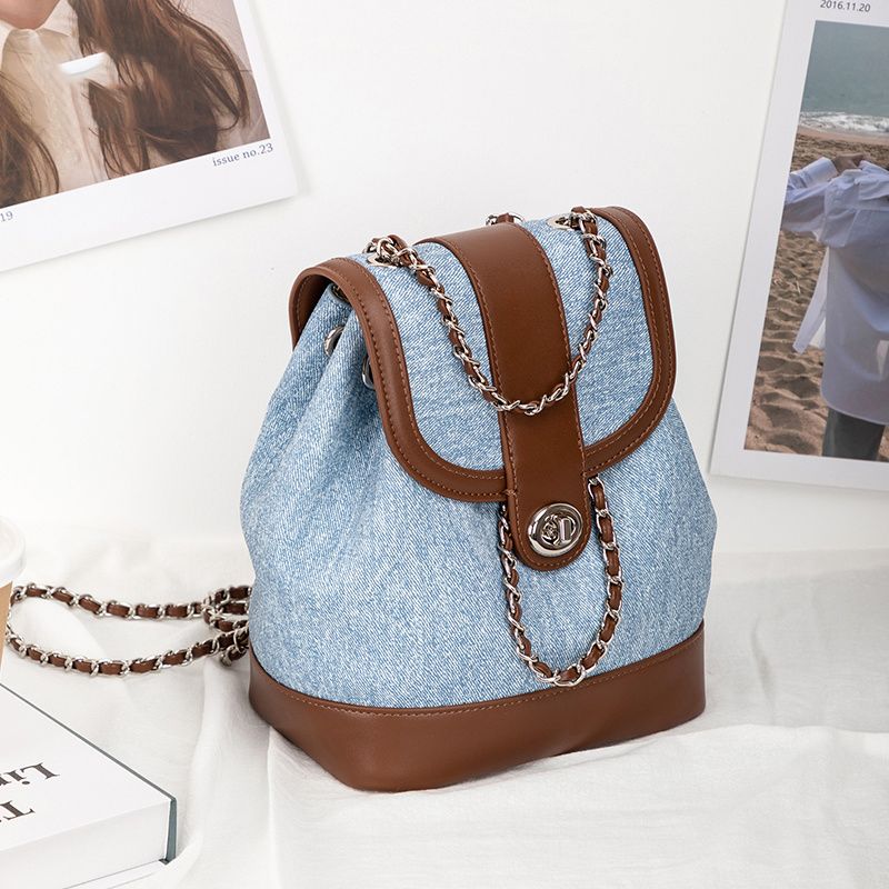 休閒小香風銀扣鏈條雙肩手提水桶包/2色