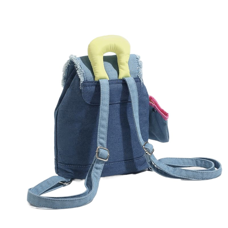 กระเป๋าเป้สะพายหลังทรงโดนัทพู่ผ้าเดนิมตัดกัน