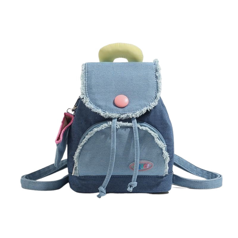 กระเป๋าเป้สะพายหลังทรงโดนัทพู่ผ้าเดนิมตัดกัน