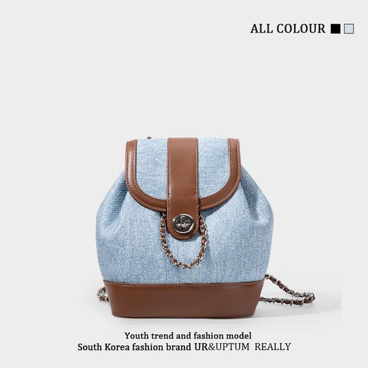 休閒小香風銀扣鏈條雙肩手提水桶包/2色