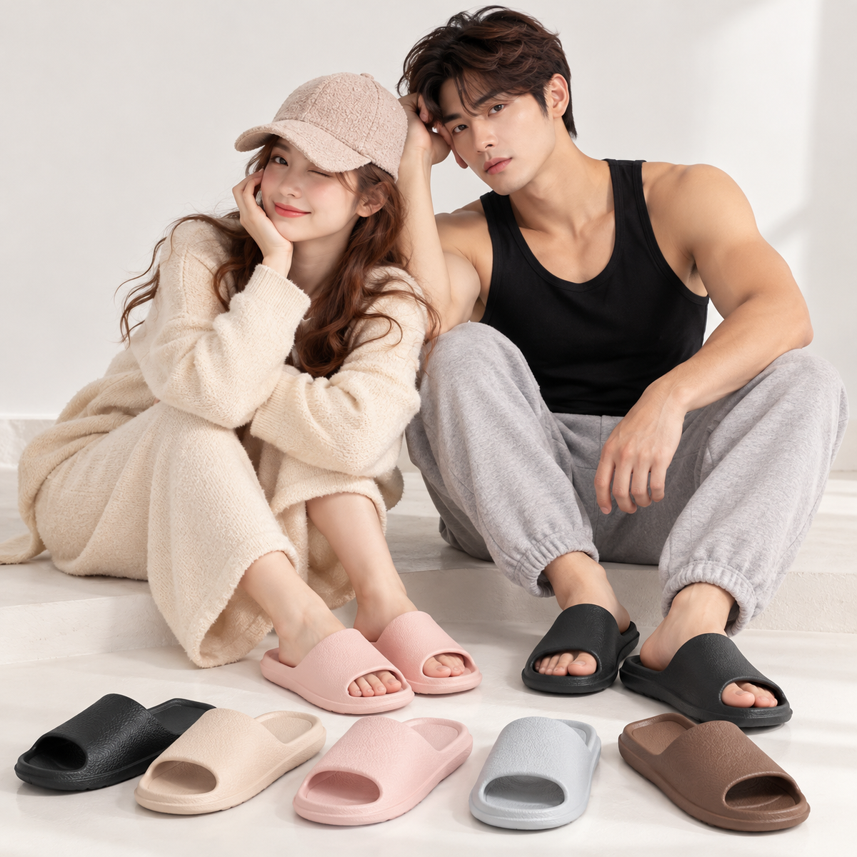 情侶穿著粉色與黑色 EVA 居家拖鞋，前方展示多色拖鞋